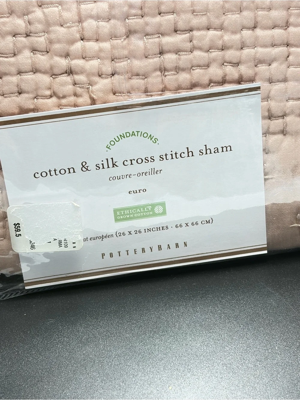NWT Pottery Barn Foundations Euro Sham 26x26 Cotton Silk Cross Stitch